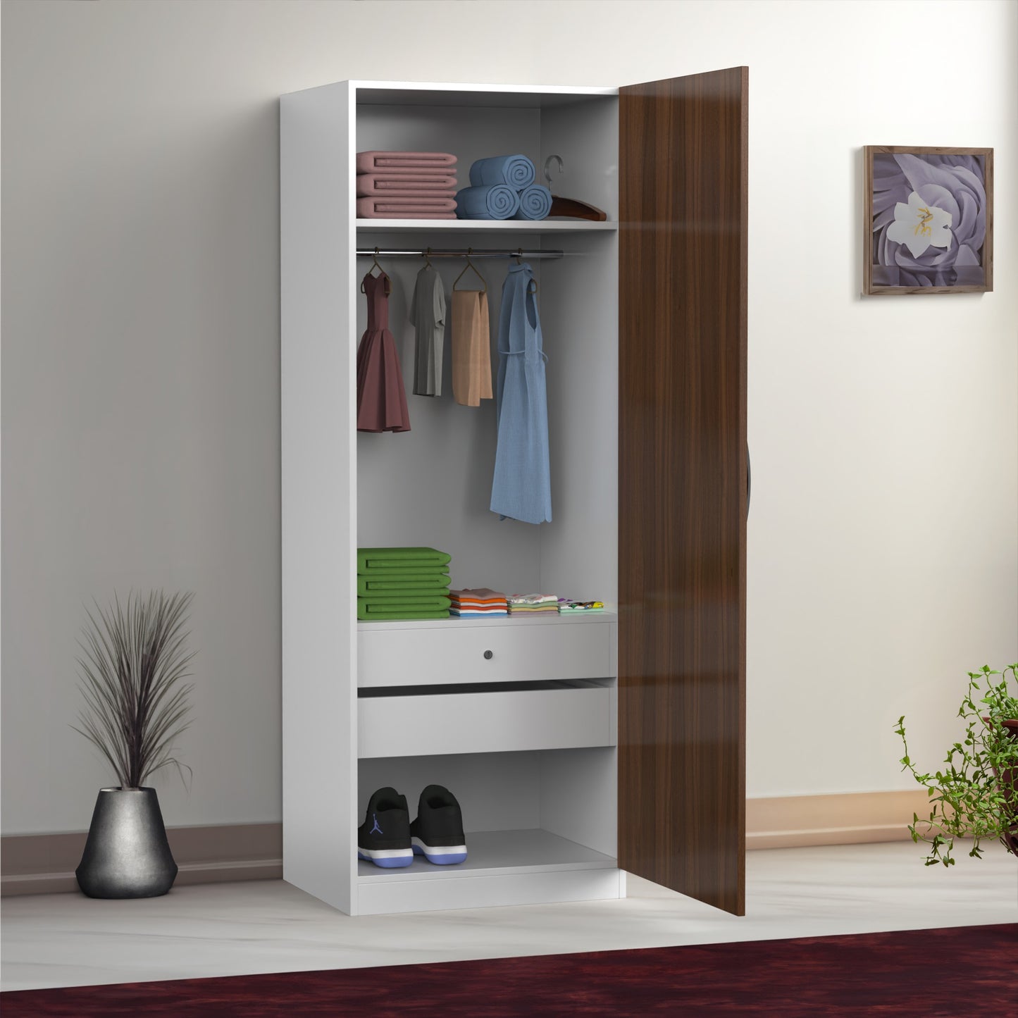 Single Door Compact Wardrobe with Hanging Rod & Storage Shelves