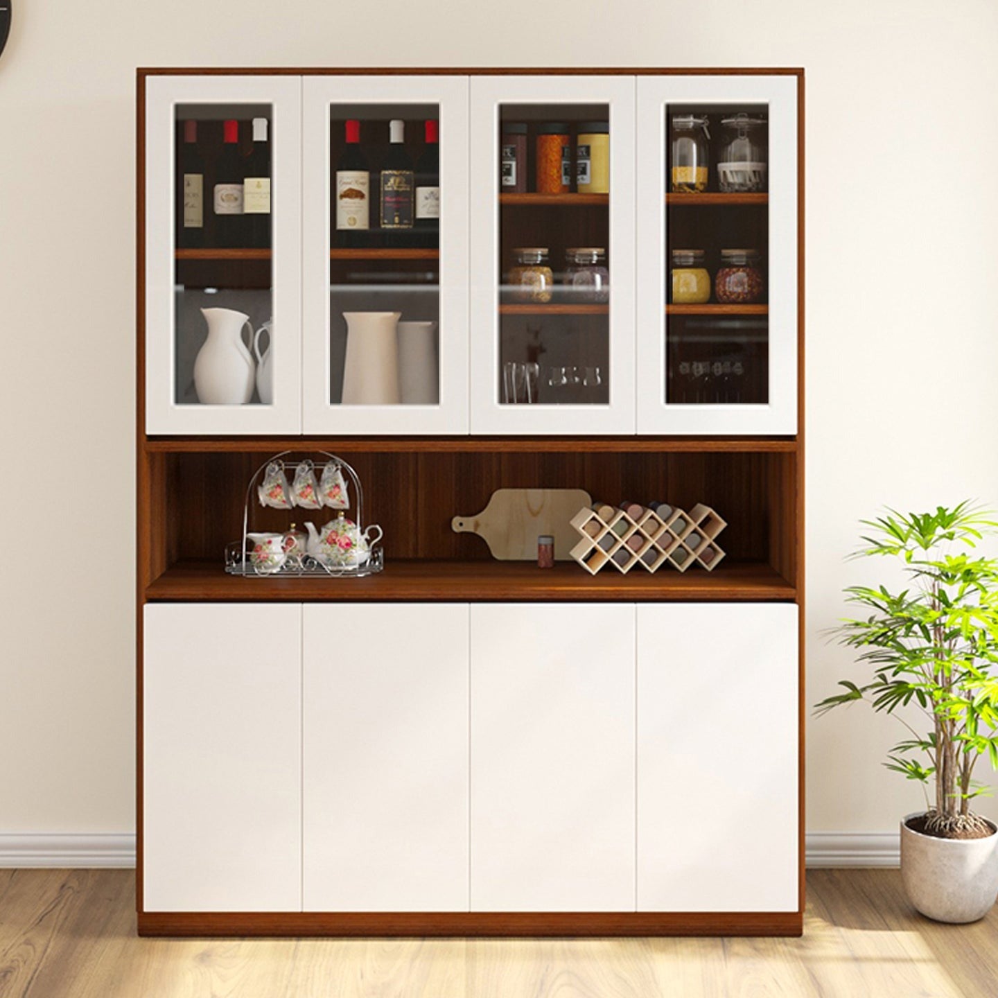 Elegance Crockery Unit – Walnut & Frosty White Finish