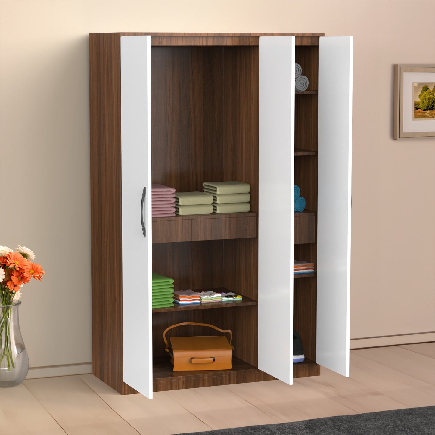Modern 3-Door Wardrobe with White & Walnut Finish