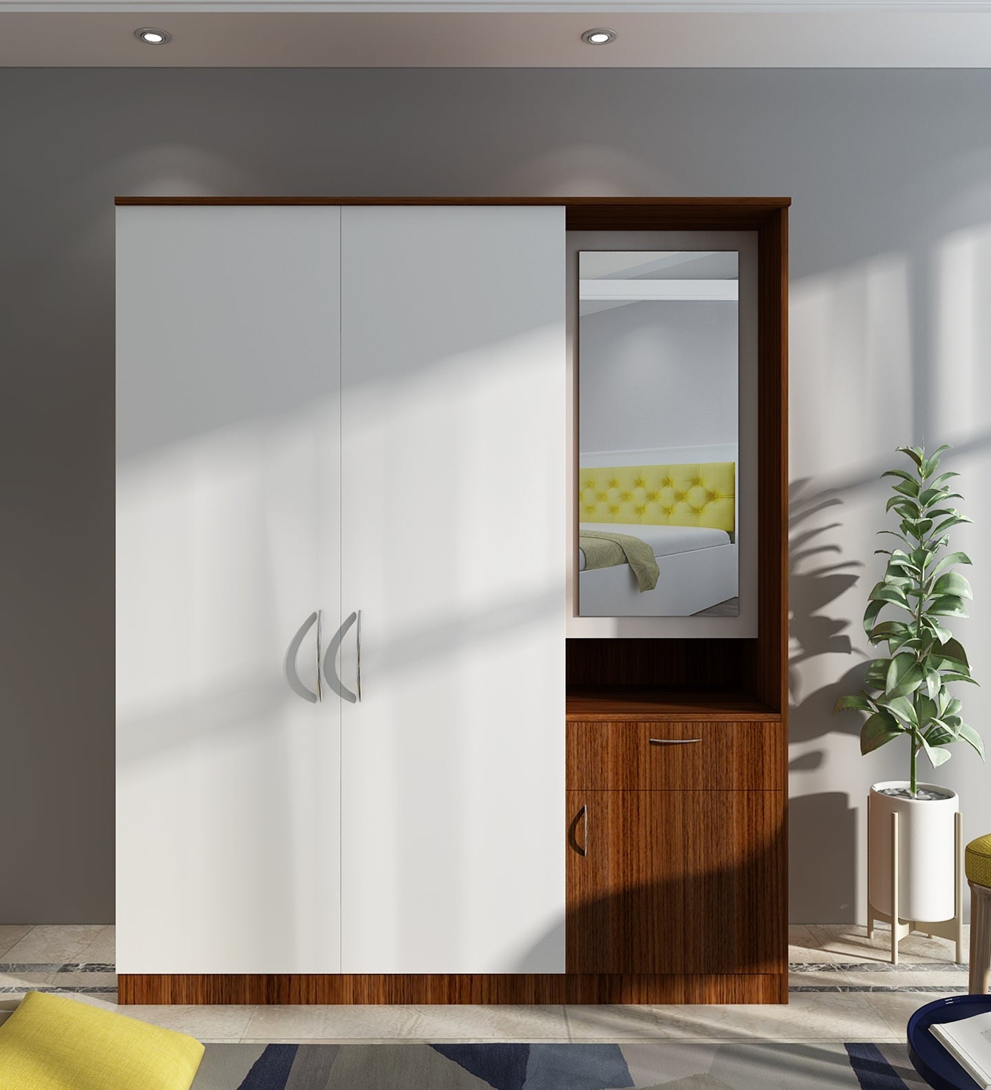 Large Wardrobe cum Dresser | Walnut and Frosty White Without Mirror