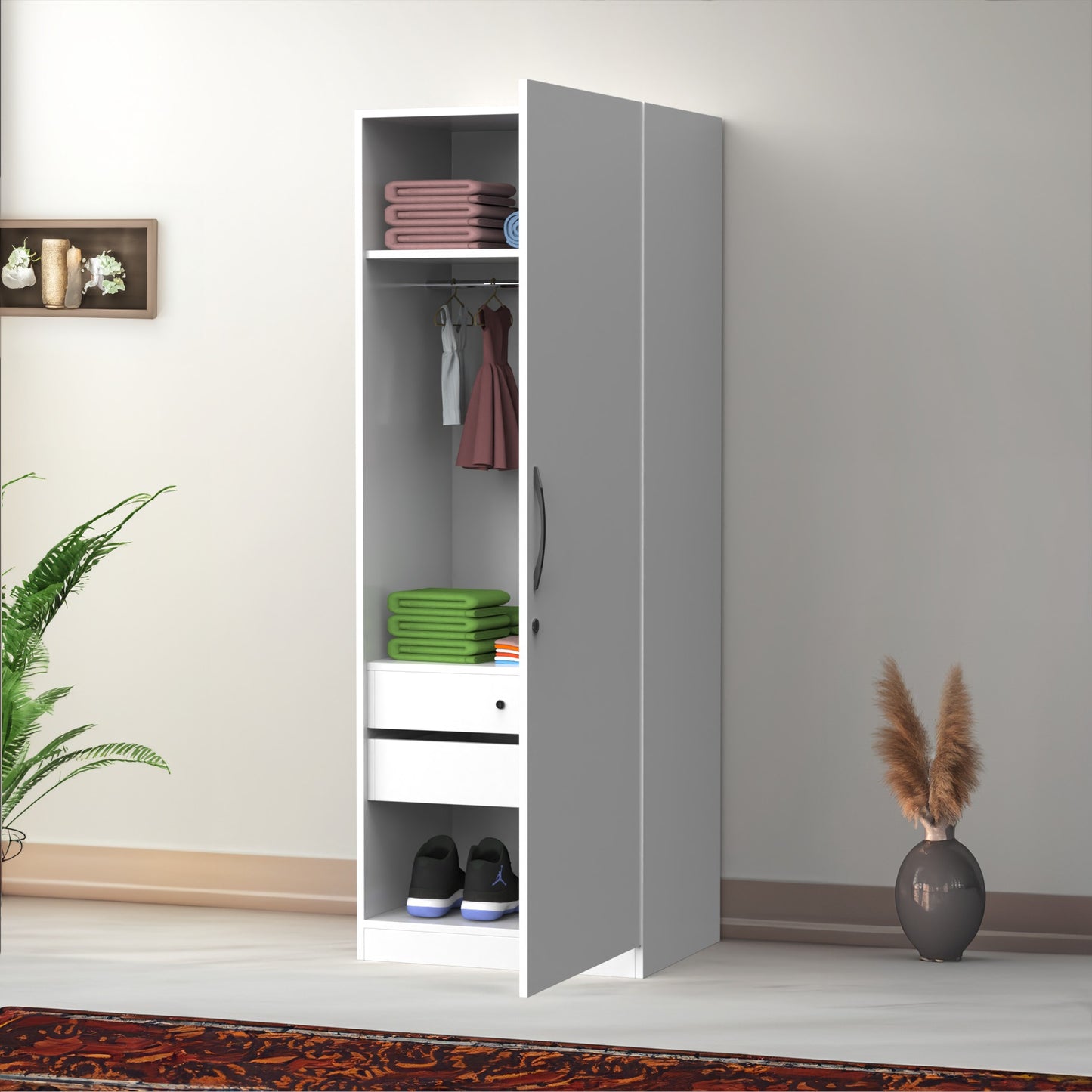 Single Door Compact Wardrobe with Hanging Rod & Storage Shelves