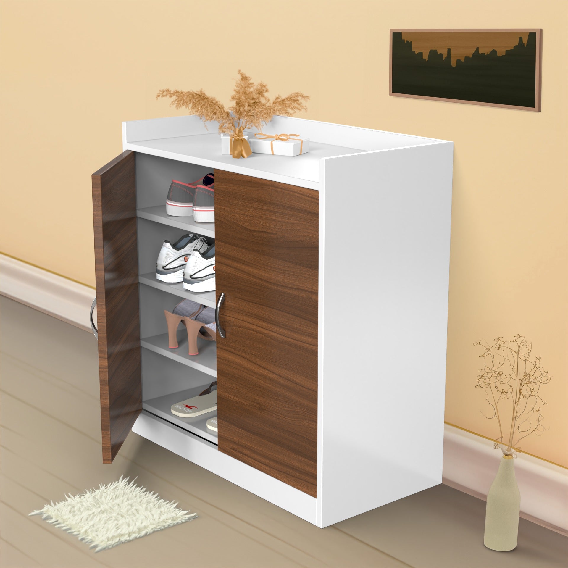 Tall Wooden Shoe Rack with Double Doors – Footwear Storage Cabinet (Holds 10–18 Pairs)