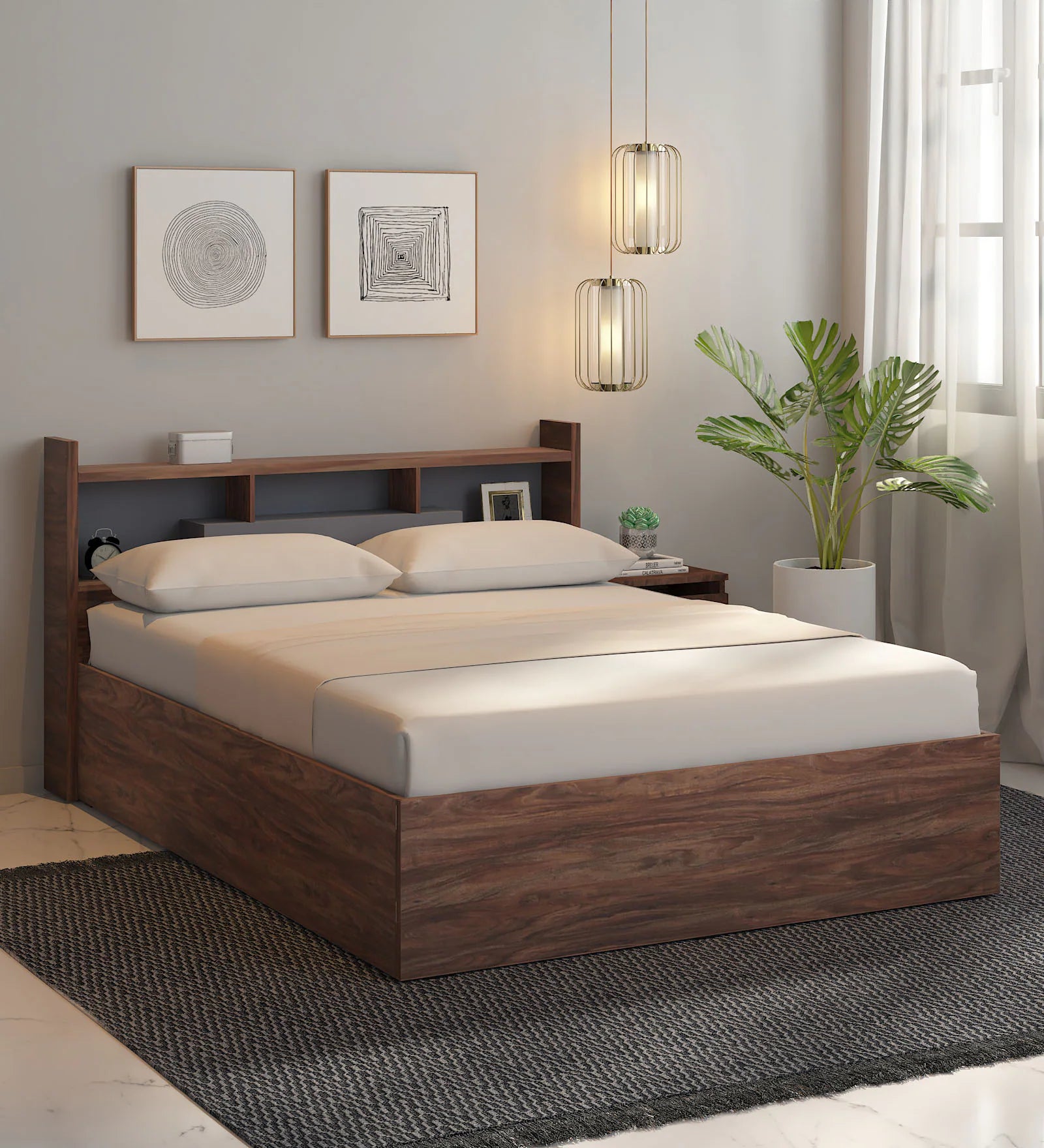 OmkarWood Serenity Queen Bed – Natural Walnut Finish with Box & Headboard Storage