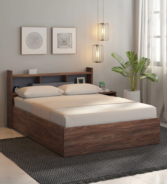 OmkarWood Serenity Queen Bed – Natural Walnut Finish with Box & Headboard Storage