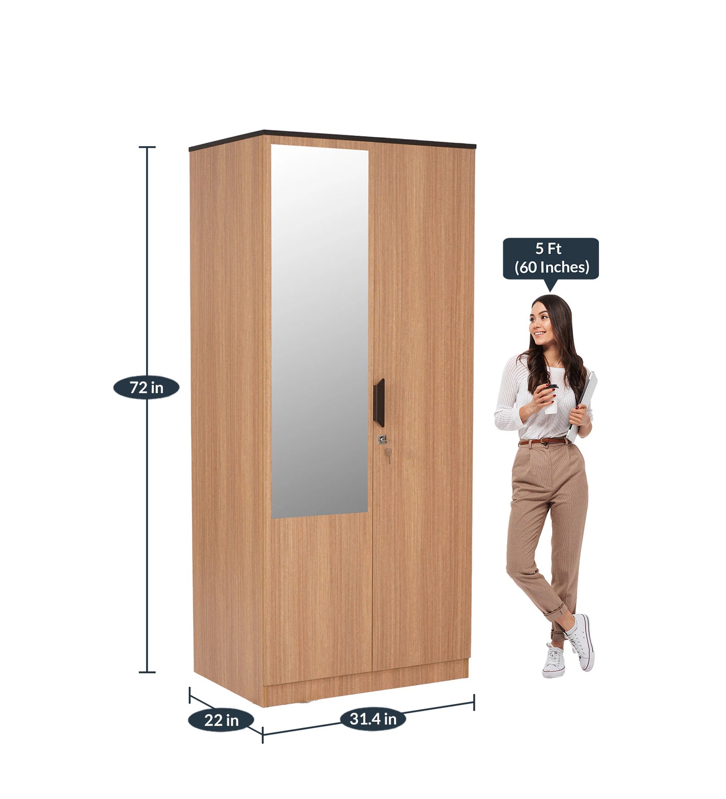 Omkarwood “Milford” Premium 2-Door Engineered Wood Wardrobe with Mirror & Drawer – Urban Teak Finish