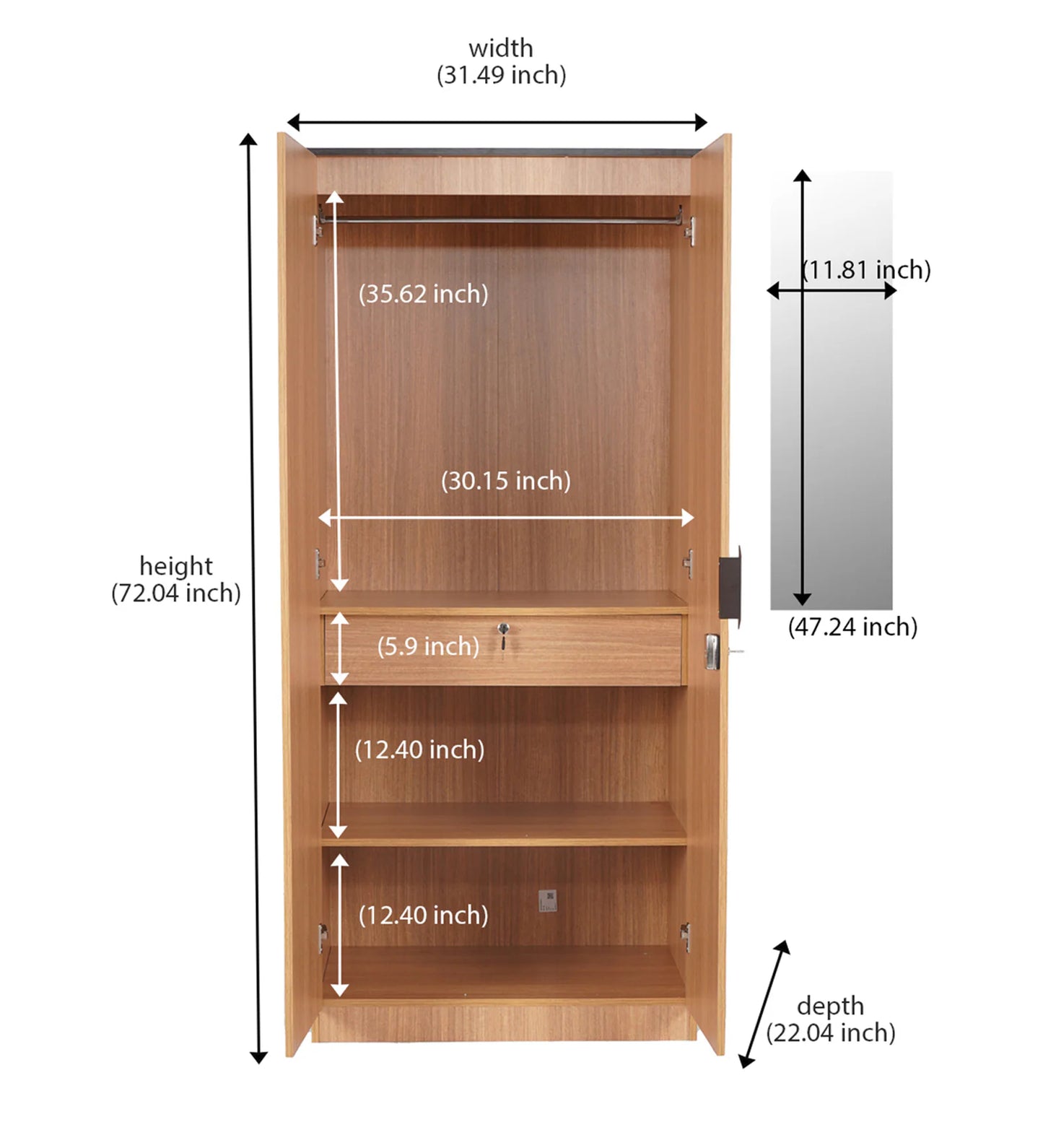 Omkarwood “Milford” Premium 2-Door Engineered Wood Wardrobe with Mirror & Drawer – Urban Teak Finish