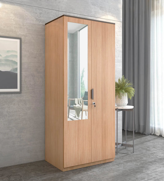 Omkarwood “Milford” Premium 2-Door Engineered Wood Wardrobe with Mirror & Drawer – Urban Teak Finish