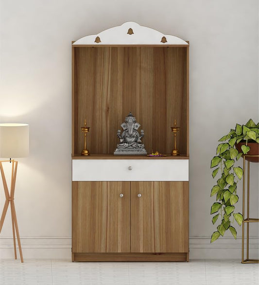 OmkarWood Natural Wooden Finish Pooja Temple with Storage & Drawer