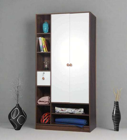 Omkarwood Vesta 2-Door Engineered Wood Wardrobe with Drawer & Open Shelves – Walnut & White Finish