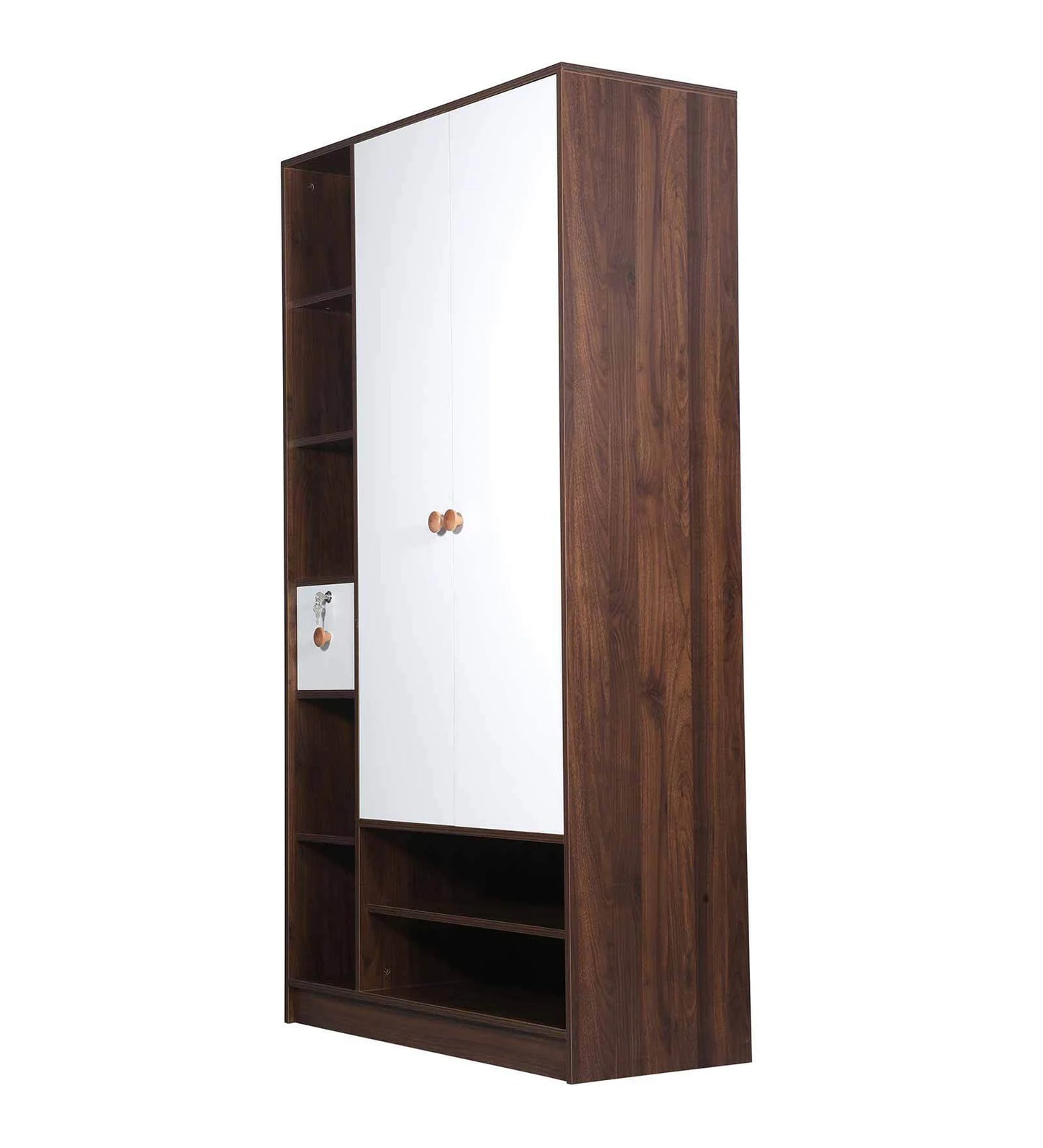 Omkarwood Vesta 2-Door Engineered Wood Wardrobe with Drawer & Open Shelves – Walnut & White Finish