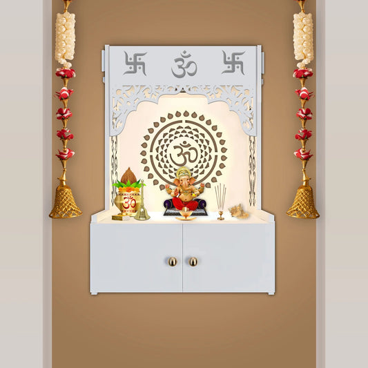 OmkarWood ShantiChakra White Wall-Mounted Pooja Mandir with OM Design & Focus Lighting