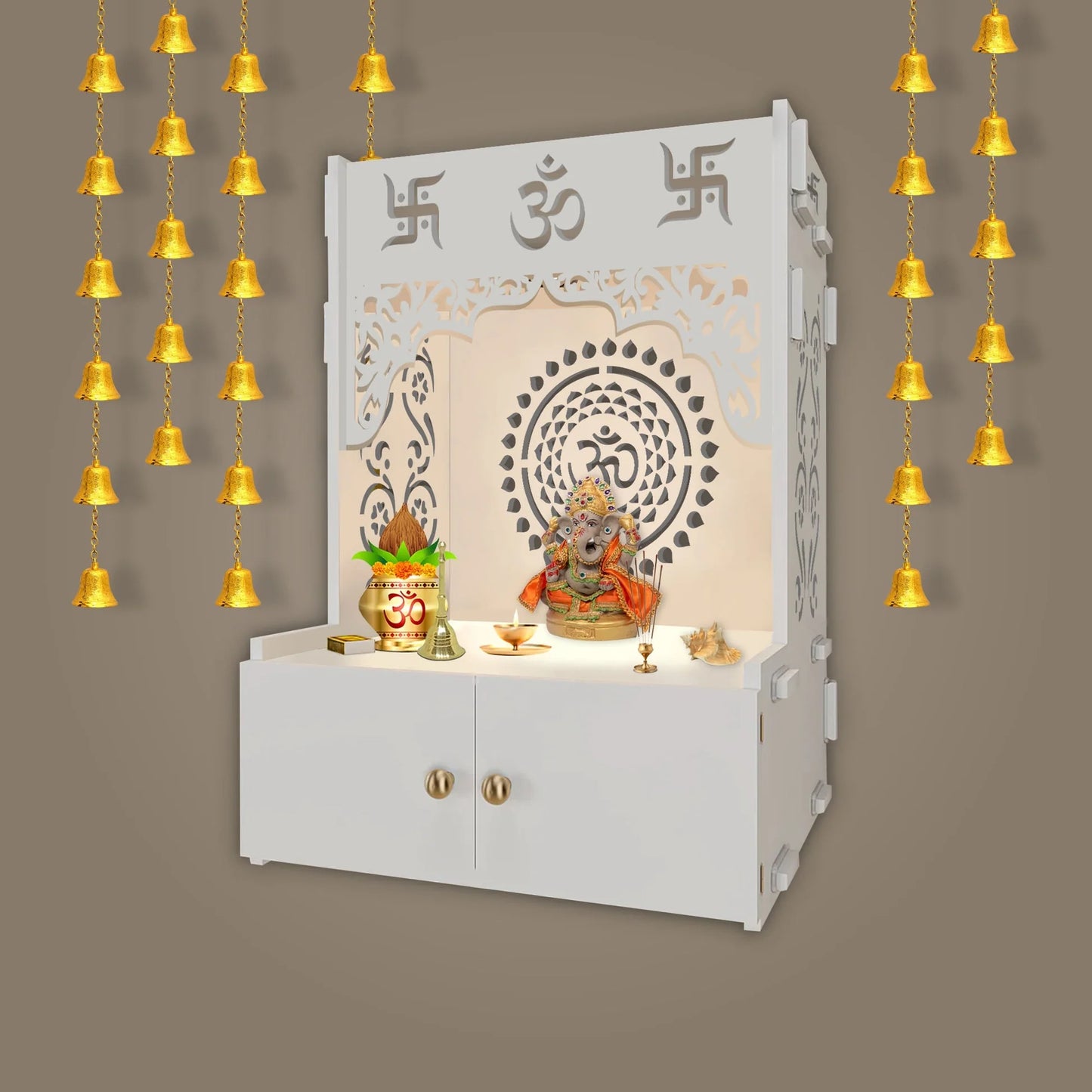 OmkarWood ShantiChakra White Wall-Mounted Pooja Mandir with OM Design & Focus Lighting