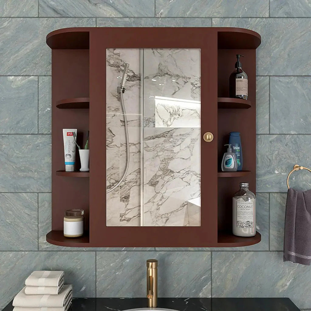 OmkarWood Premium Engineered Wood Bathroom Cabinet with Mirror – 10 Spacious Shelves (Brown Finish)