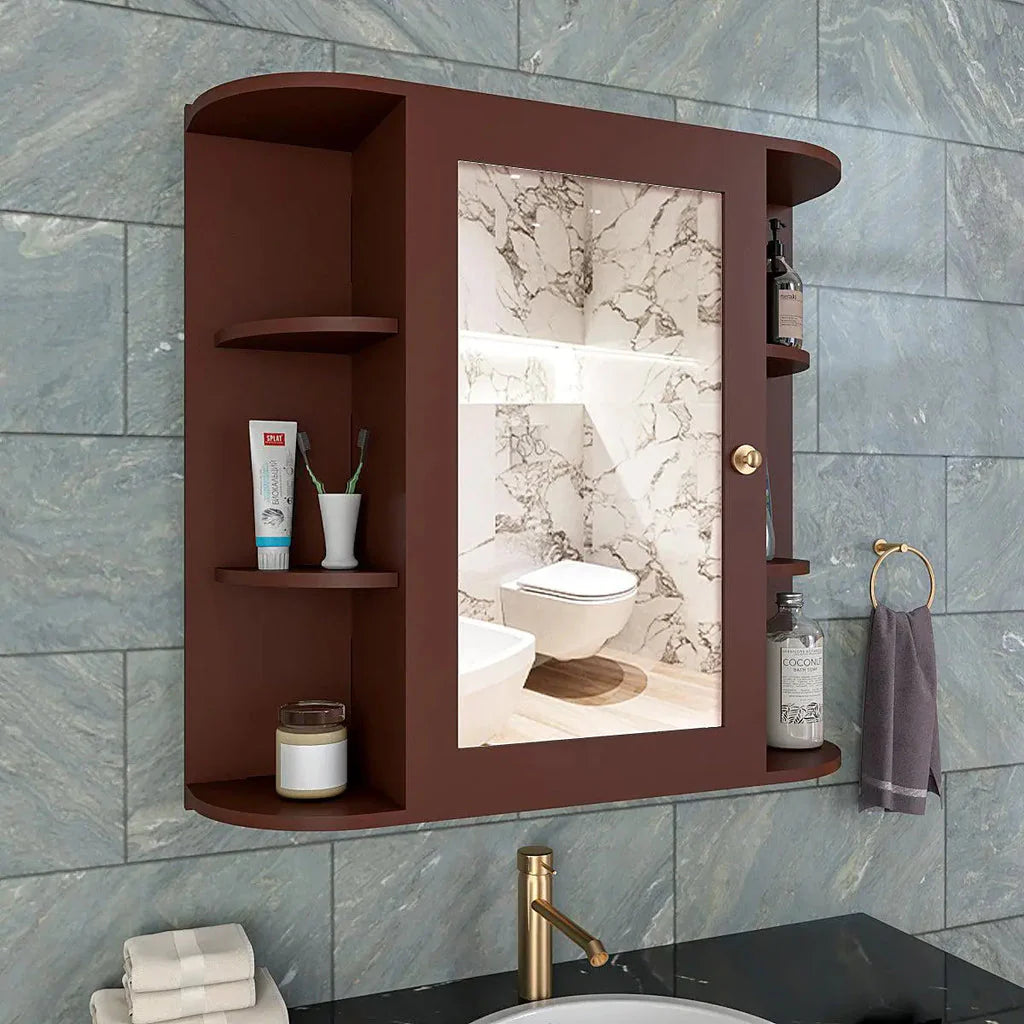 OmkarWood Premium Engineered Wood Bathroom Cabinet with Mirror – 10 Spacious Shelves (Brown Finish)