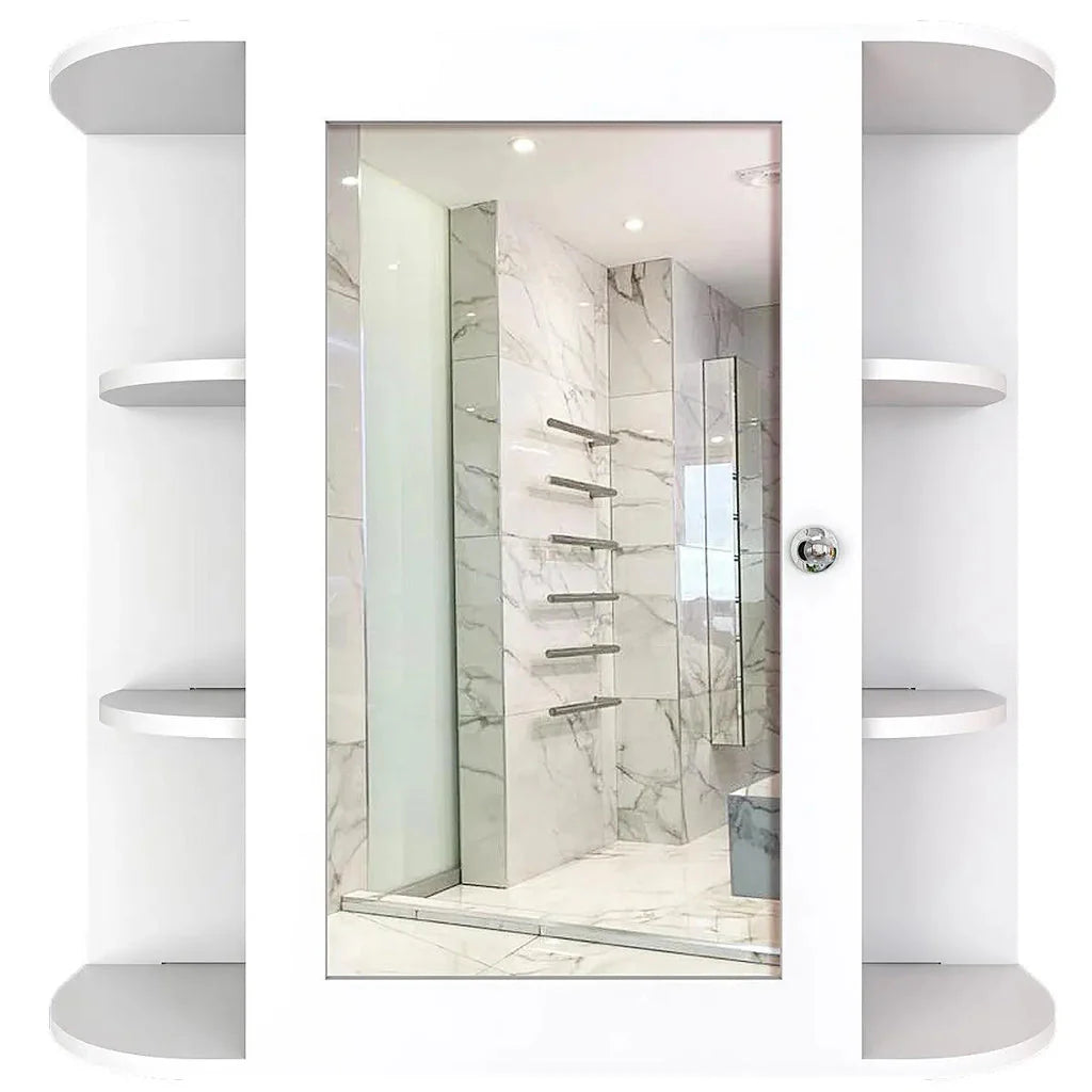 OmkarWood Premium Engineered Wood Bathroom Cabinet with Mirror – 10-Shelf White Finish