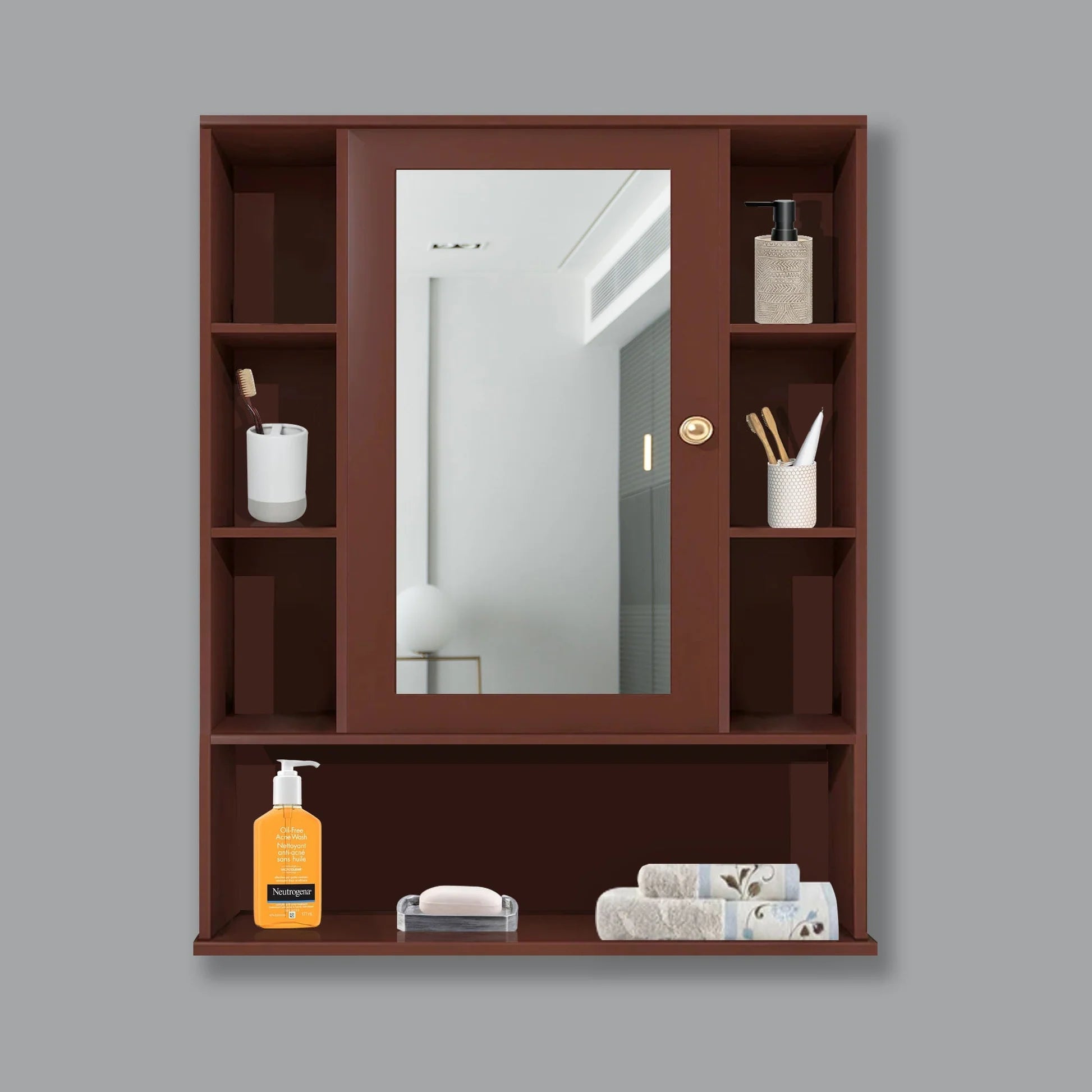 OmkarWood Premium Wooden Bathroom Cabinet with Mirror & 9 Storage Shelves – Wall Mounted (Brown, 32x26 in)