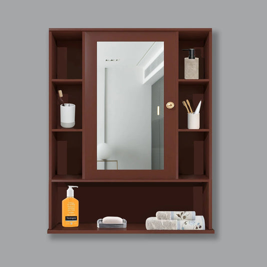 OmkarWood Premium Wooden Bathroom Cabinet with Mirror & 9 Storage Shelves – Wall Mounted (Brown, 32x26 in)