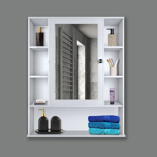 OmkarWood White Premium Bathroom Cabinet with Mirror & 9 Storage Shelves – Wall Mounted (32x26 in)