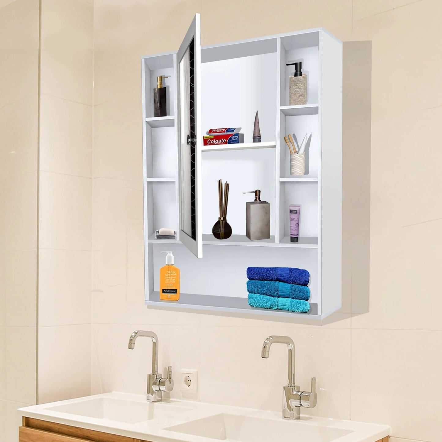 OmkarWood White Premium Bathroom Cabinet with Mirror & 9 Storage Shelves – Wall Mounted (32x26 in)