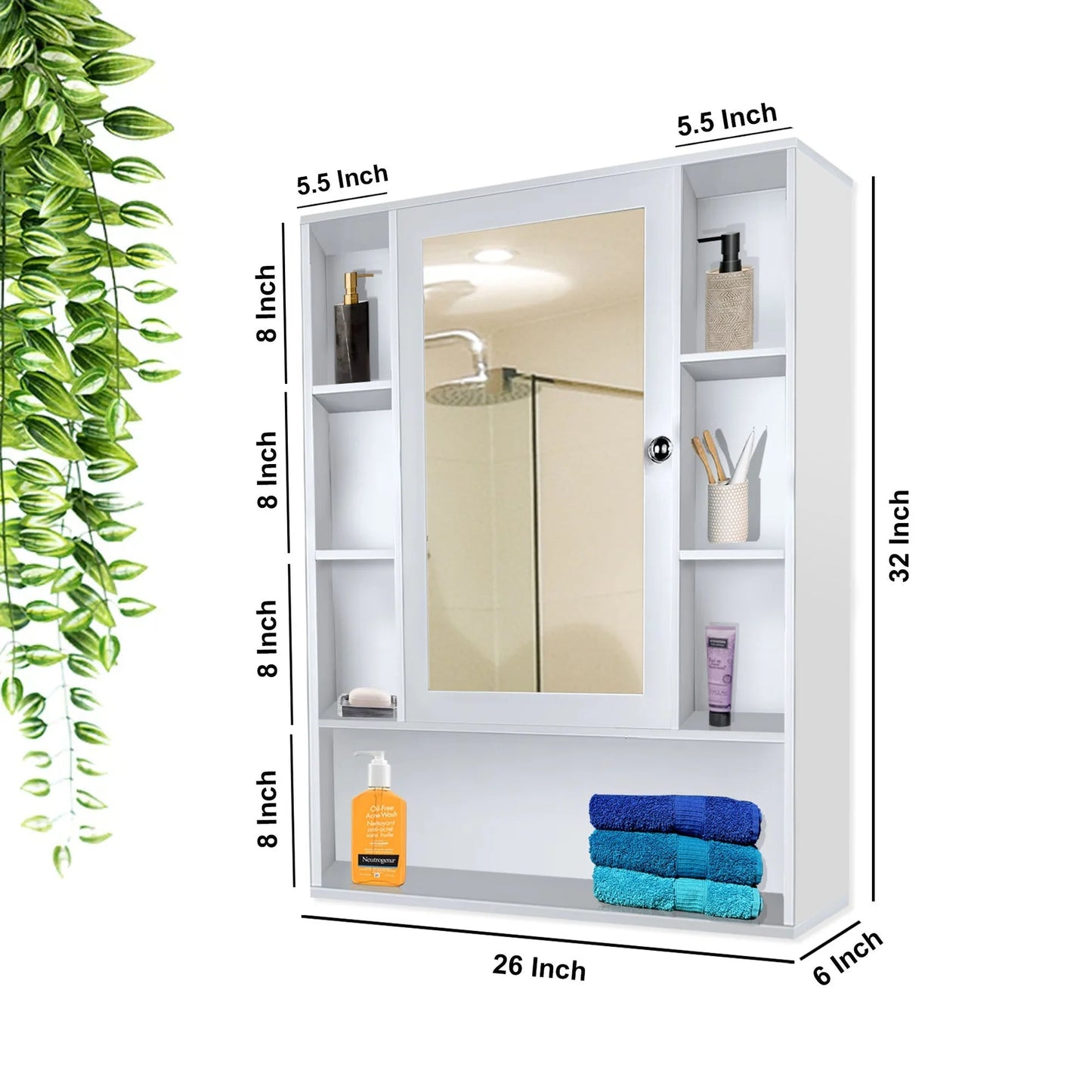 OmkarWood White Premium Bathroom Cabinet with Mirror & 9 Storage Shelves – Wall Mounted (32x26 in)