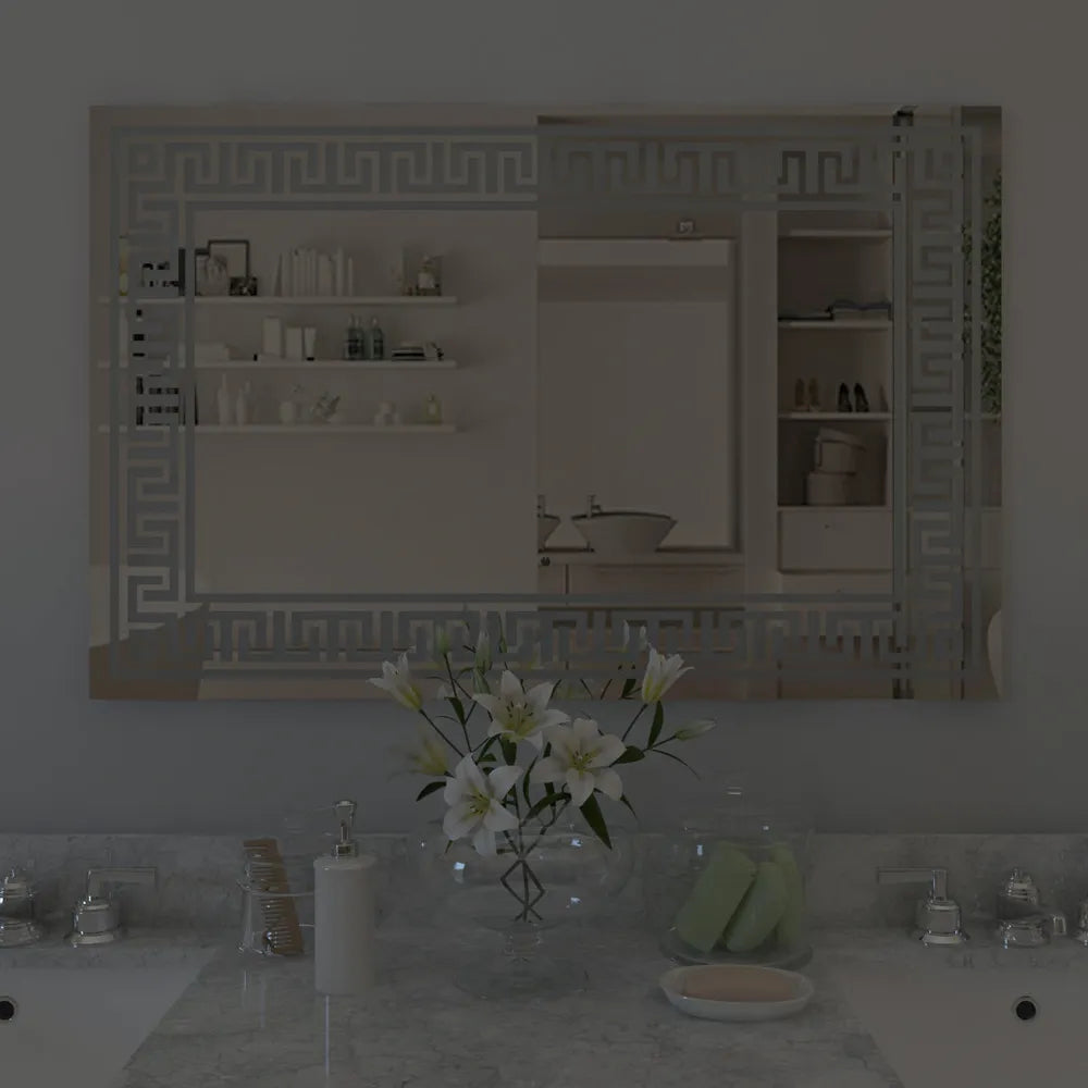 OmkarWood™ Luminé LED Bathroom Mirror with Greek Key Border – 28" x 18"