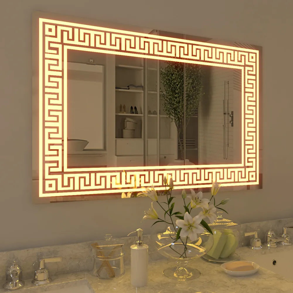 OmkarWood™ Luminé LED Bathroom Mirror with Greek Key Border – 28" x 18"