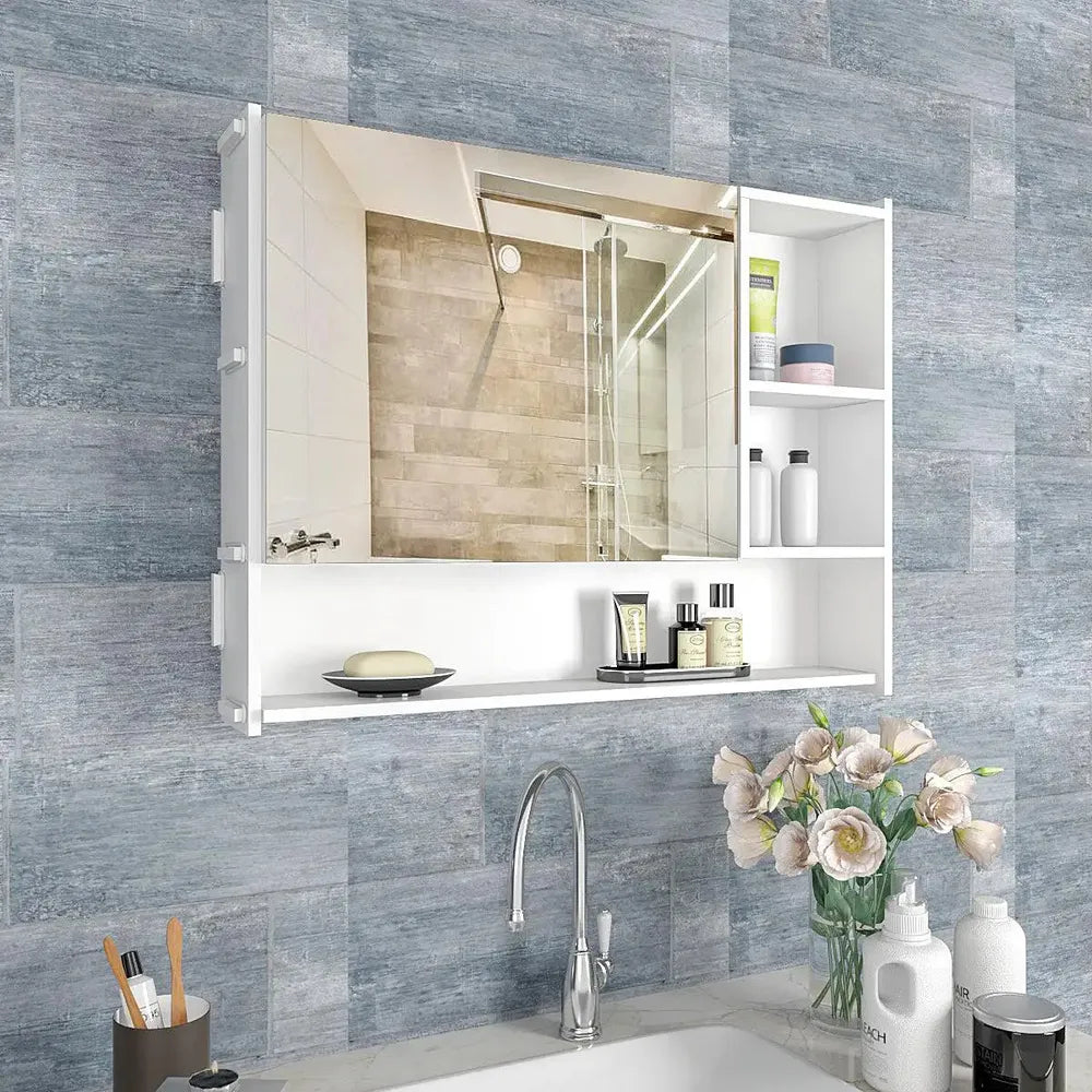 OmkarWood™ Elite Wall-Mounted Bathroom Cabinet with Mirror & Open Shelving – 32" x 24"
