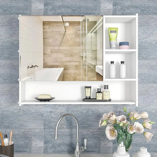 OmkarWood™ Elite Wall-Mounted Bathroom Cabinet with Mirror & Open Shelving – 32" x 24"